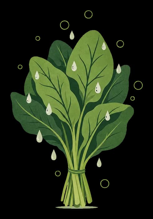 Illustration of a bunch of spinach being rinsed with water